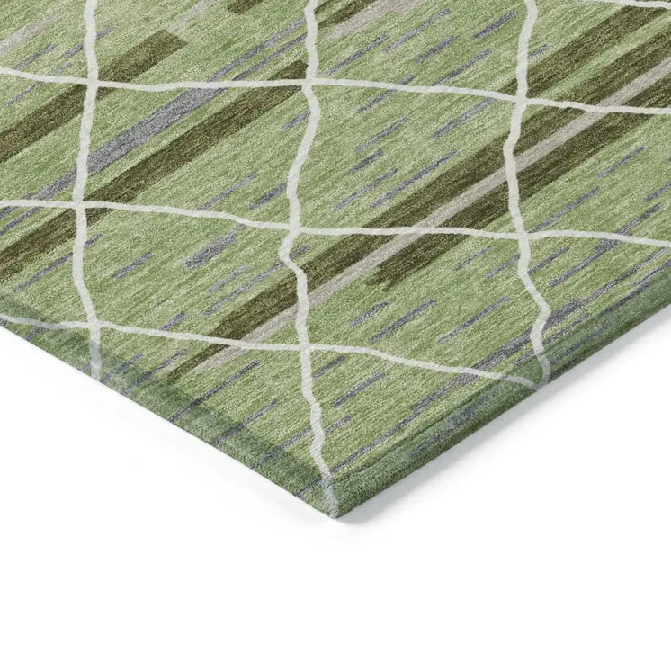 5' X 8' Artichoke Green And Ivory Striped Washable Indoor Outdoor Area Rug