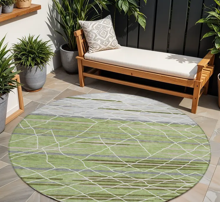 8' Artichoke Green And Ivory Round Striped Washable Indoor Outdoor Area Rug