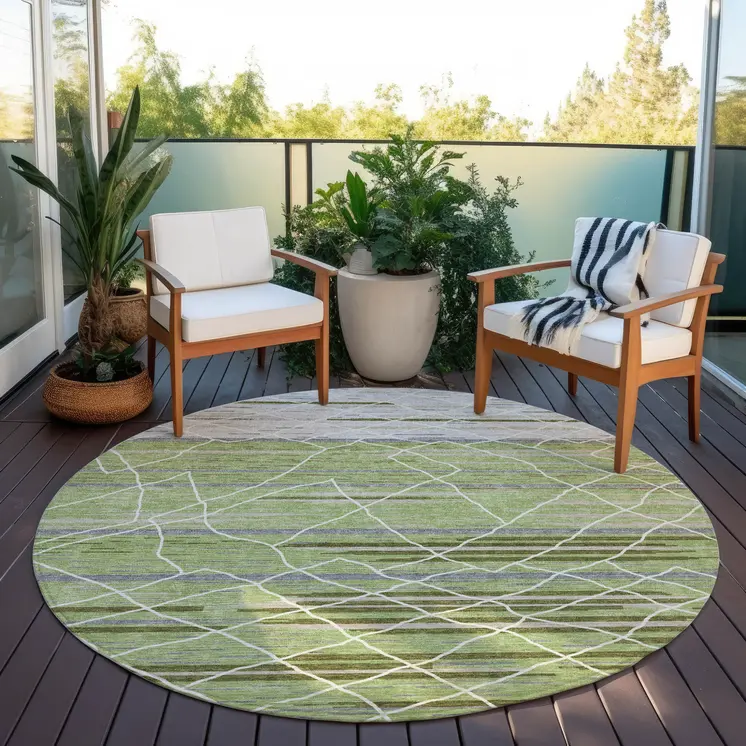 8' Artichoke Green And Ivory Round Striped Washable Indoor Outdoor Area Rug
