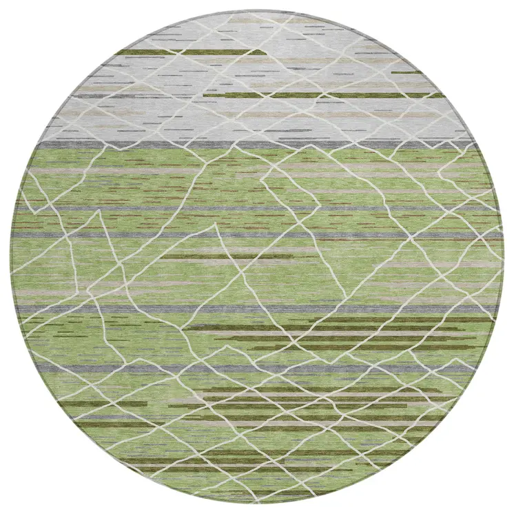 8' Artichoke Green And Ivory Round Striped Washable Indoor Outdoor Area Rug