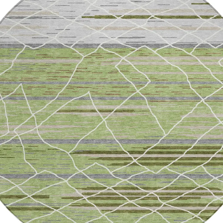 8' Artichoke Green And Ivory Round Striped Washable Indoor Outdoor Area Rug