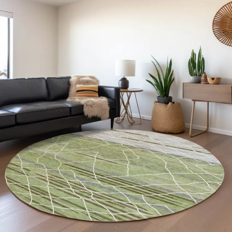8' Artichoke Green And Ivory Round Striped Washable Indoor Outdoor Area Rug