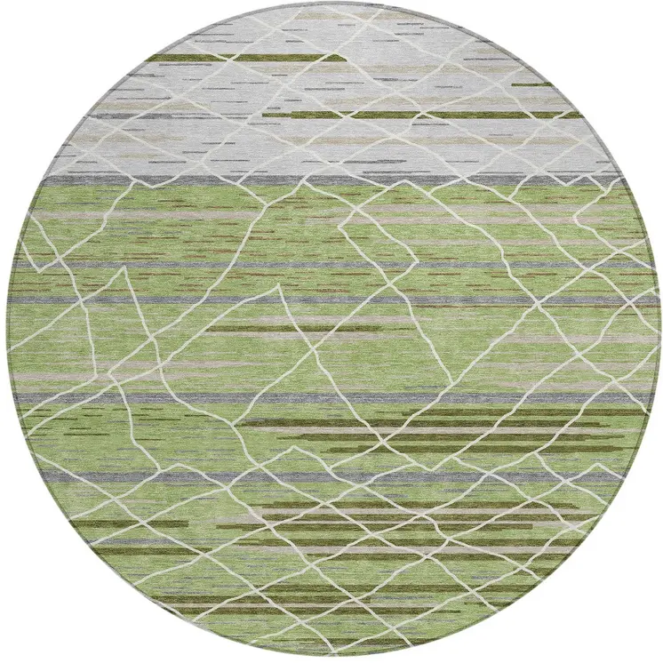 8' Artichoke Green And Ivory Round Striped Washable Indoor Outdoor Area Rug