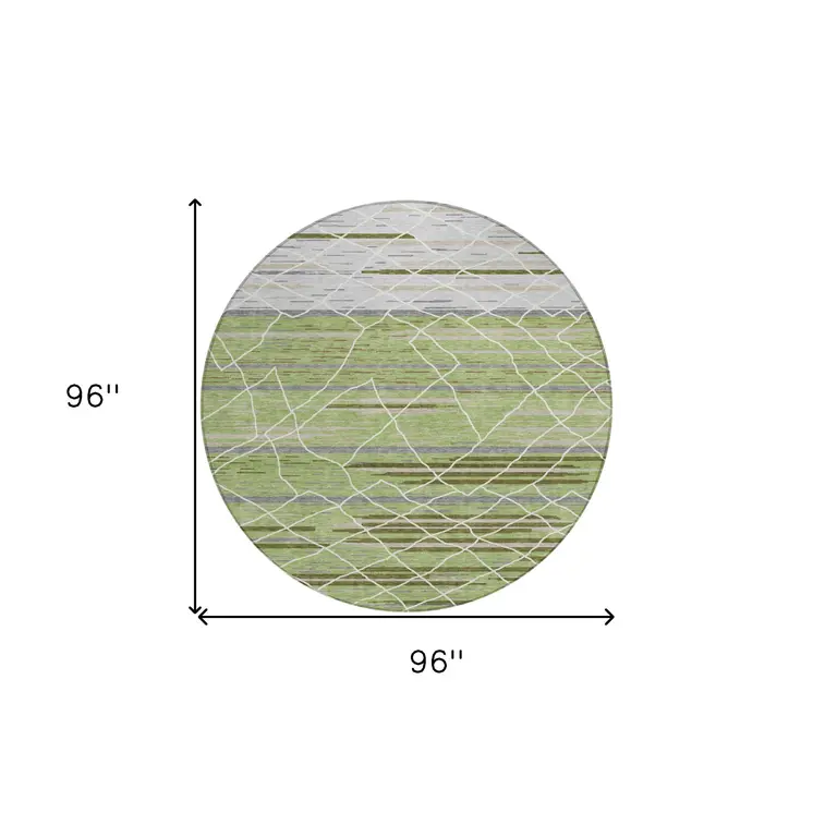 8' Artichoke Green And Ivory Round Striped Washable Indoor Outdoor Area Rug