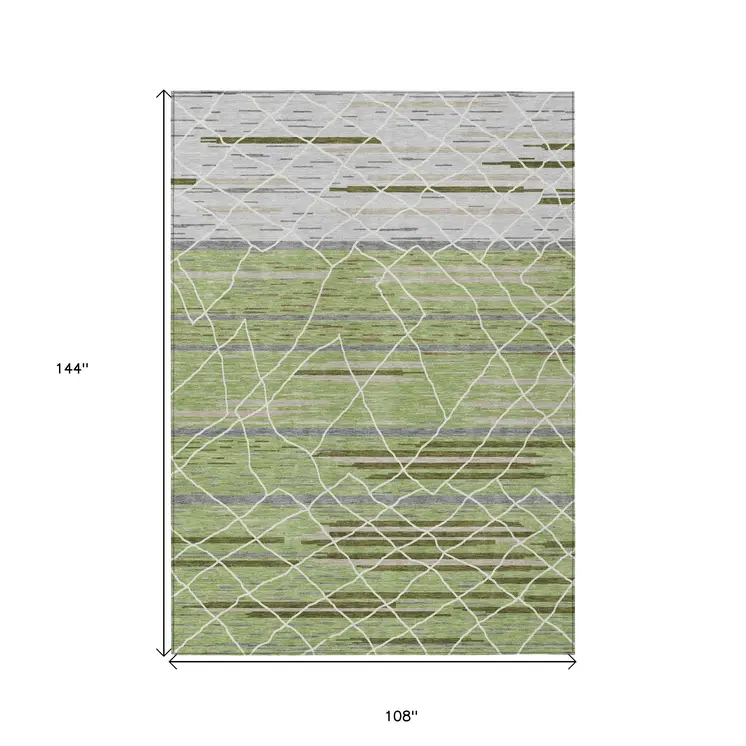 9' X 12' Artichoke Green And Ivory Striped Washable Indoor Outdoor Area Rug