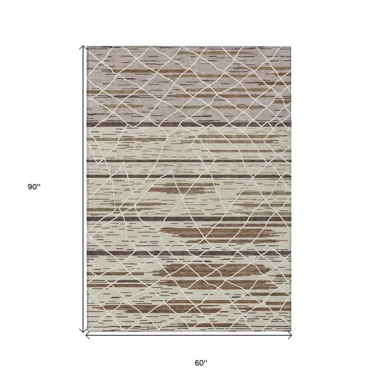 5' X 8' Beige Brown And Ivory Striped Washable Indoor Outdoor Area Rug