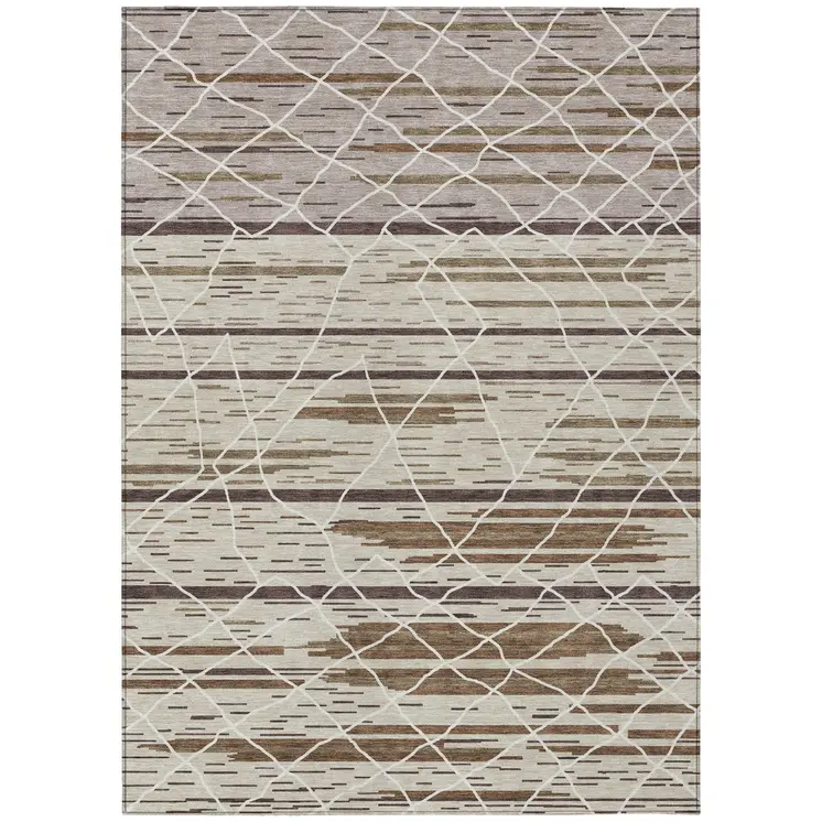 5' X 8' Beige Brown And Ivory Striped Washable Indoor Outdoor Area Rug