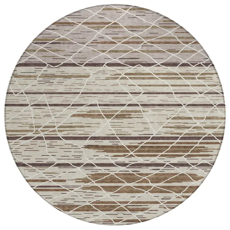 8' Beige Brown And Ivory Round Striped Washable Indoor Outdoor Area Rug