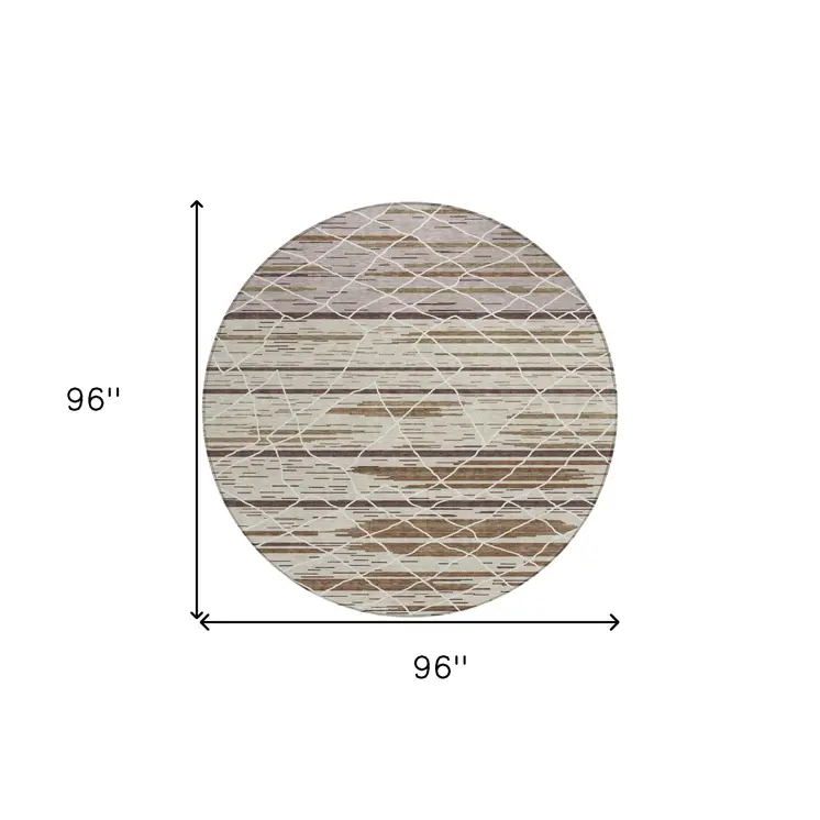 8' Beige Brown And Ivory Round Striped Washable Indoor Outdoor Area Rug