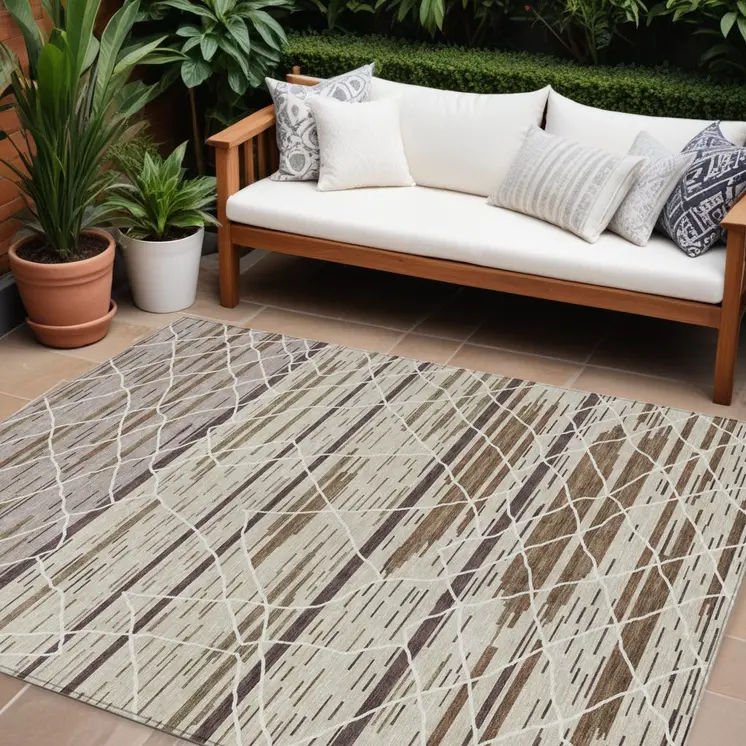 9' X 12' Beige Brown And Ivory Striped Washable Indoor Outdoor Area Rug