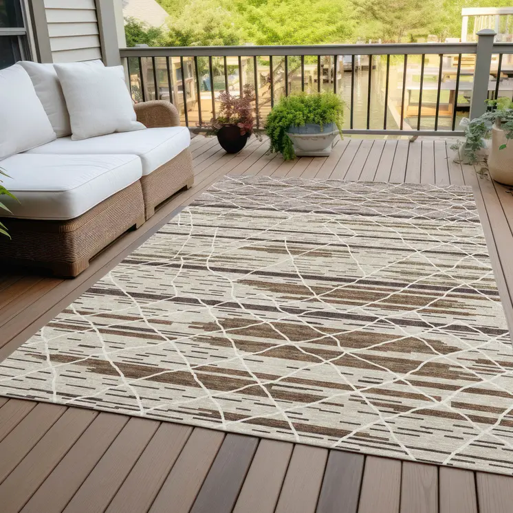 9' X 12' Beige Brown And Ivory Striped Washable Indoor Outdoor Area Rug
