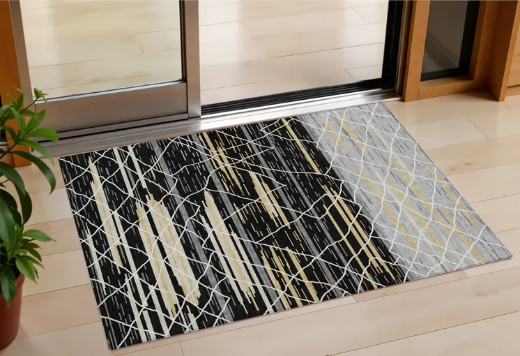 3' X 5' Black Gray And Ivory Striped Washable Indoor Outdoor Area Rug