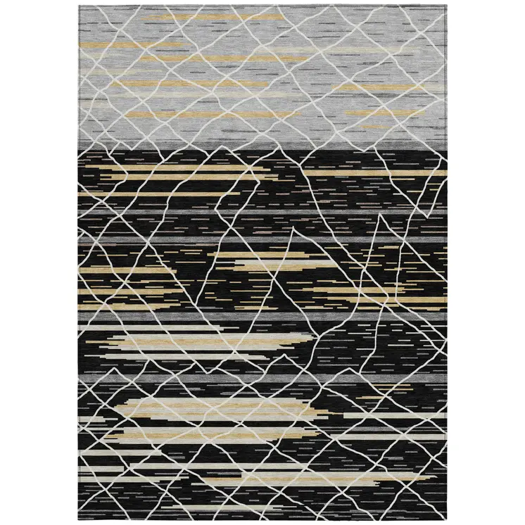 5' X 8' Black Gray And Ivory Striped Washable Indoor Outdoor Area Rug