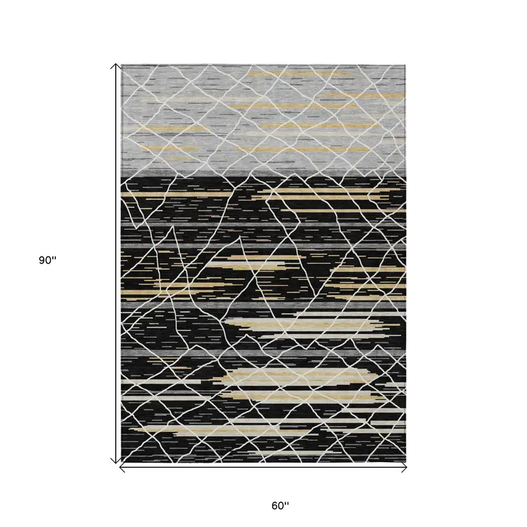5' X 8' Black Gray And Ivory Striped Washable Indoor Outdoor Area Rug