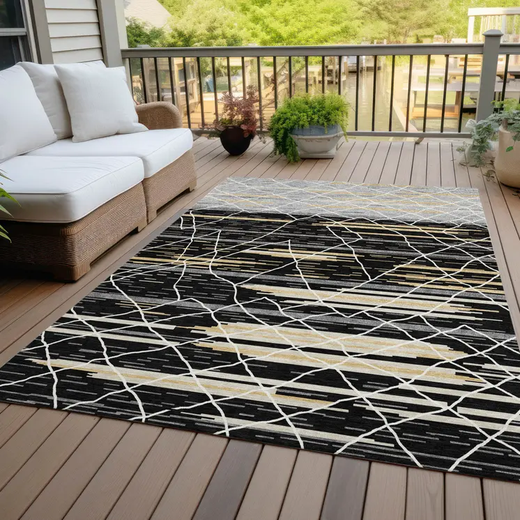 5' X 8' Black Gray And Ivory Striped Washable Indoor Outdoor Area Rug