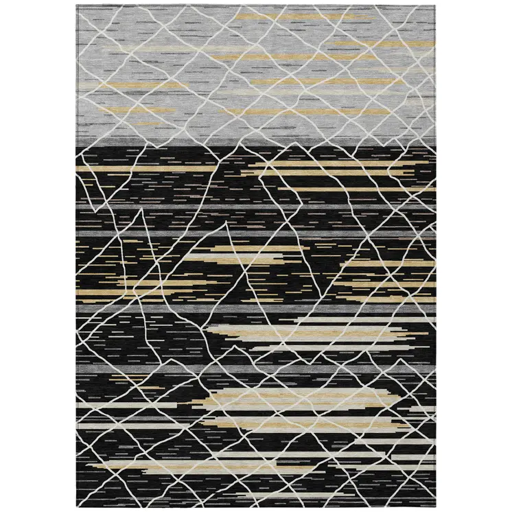 5' X 8' Black Gray And Ivory Striped Washable Indoor Outdoor Area Rug