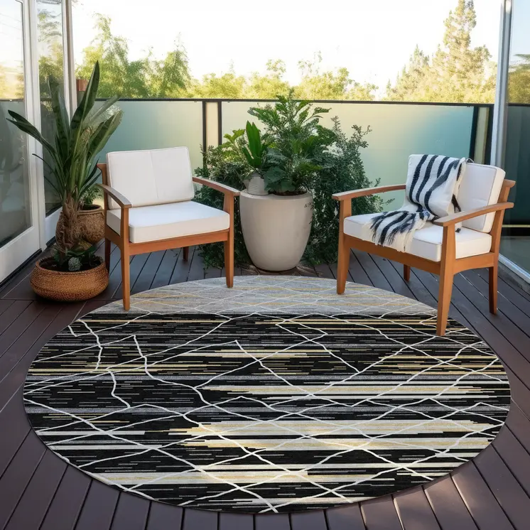 8' Black Gray And Ivory Round Striped Washable Indoor Outdoor Area Rug