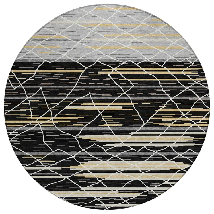 8' Black Gray And Ivory Round Striped Washable Indoor Outdoor Area Rug