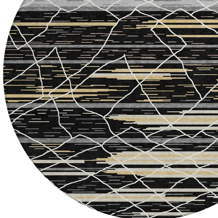 8' Black Gray And Ivory Round Striped Washable Indoor Outdoor Area Rug