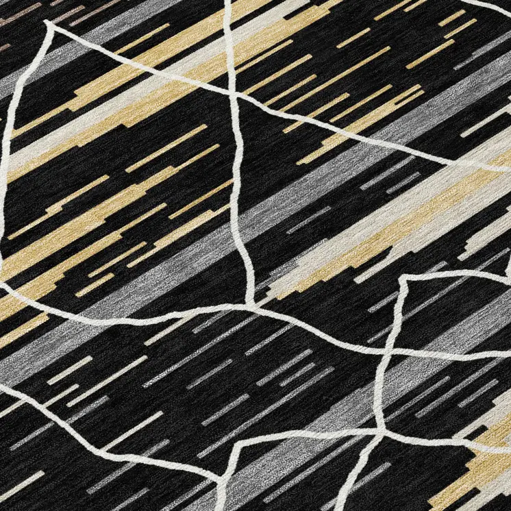 8' Black Gray And Ivory Round Striped Washable Indoor Outdoor Area Rug