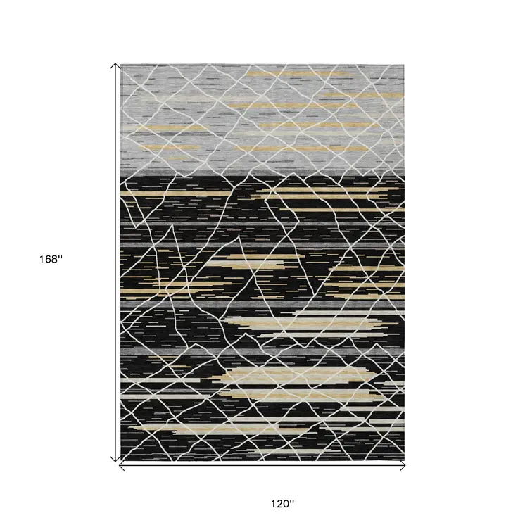 10' X 14' Black Gray And Ivory Striped Washable Indoor Outdoor Area Rug