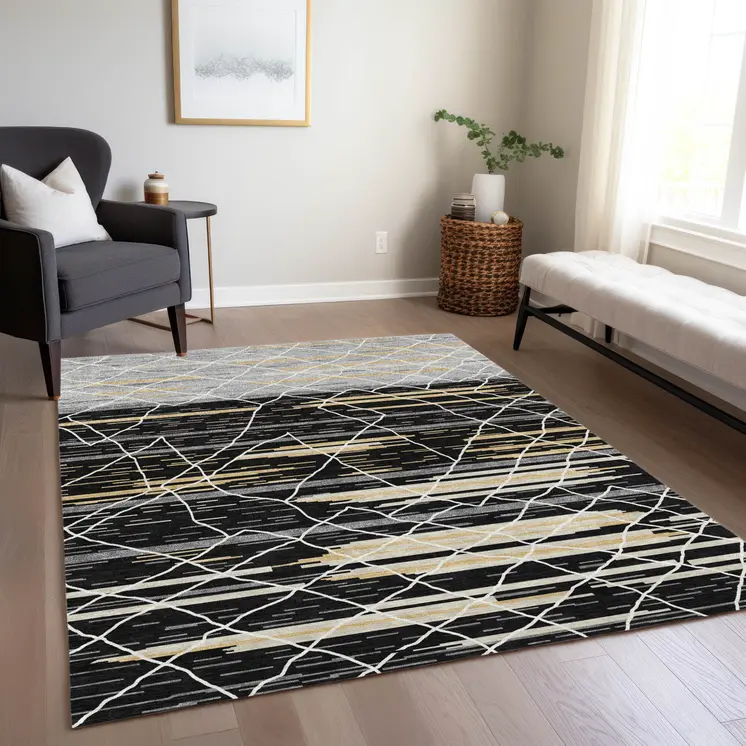 10' X 14' Black Gray And Ivory Striped Washable Indoor Outdoor Area Rug