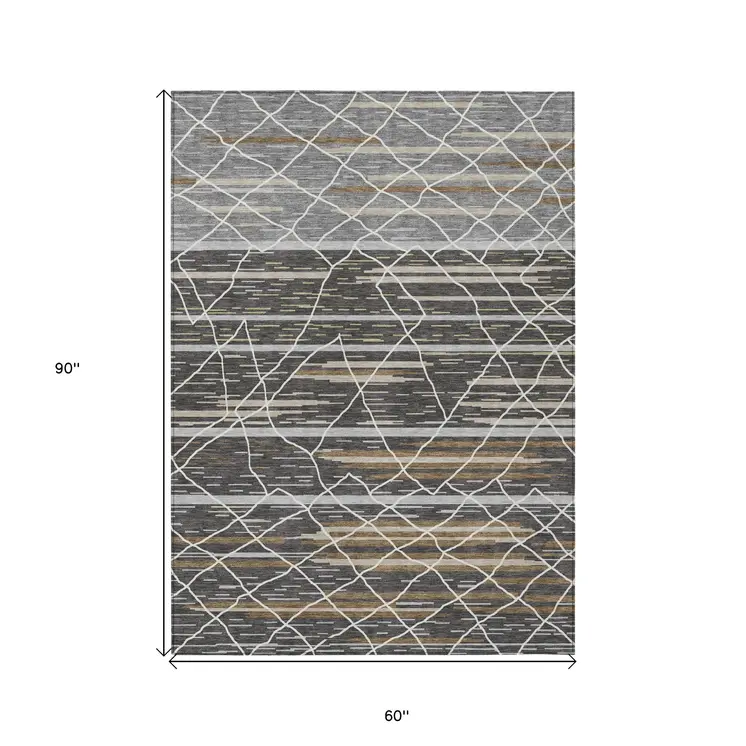 5' X 8' Charcoal Gray And Ivory Striped Washable Indoor Outdoor Area Rug