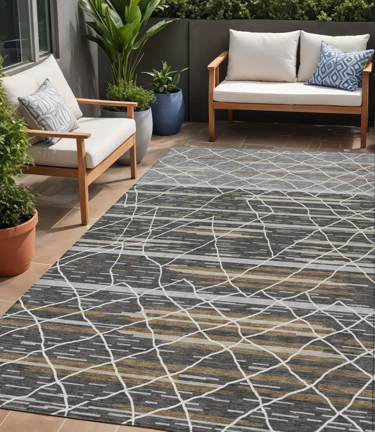 5' X 8' Charcoal Gray And Ivory Striped Washable Indoor Outdoor Area Rug