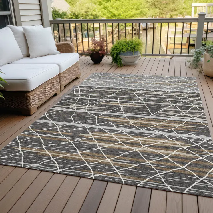 5' X 8' Charcoal Gray And Ivory Striped Washable Indoor Outdoor Area Rug