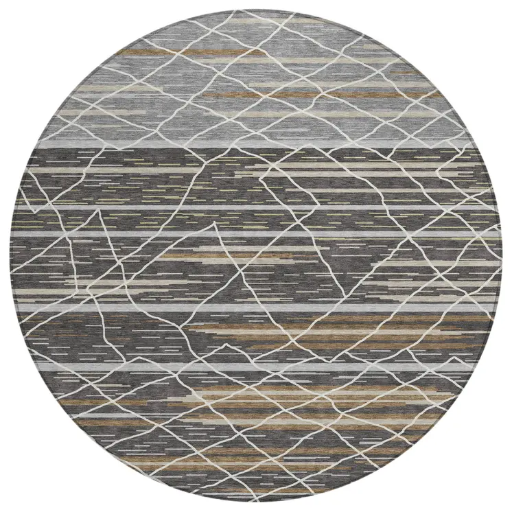 8' Charcoal Gray And Ivory Round Striped Washable Indoor Outdoor Area Rug