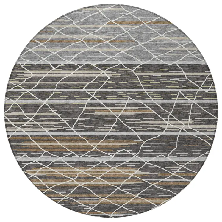 8' Charcoal Gray And Ivory Round Striped Washable Indoor Outdoor Area Rug