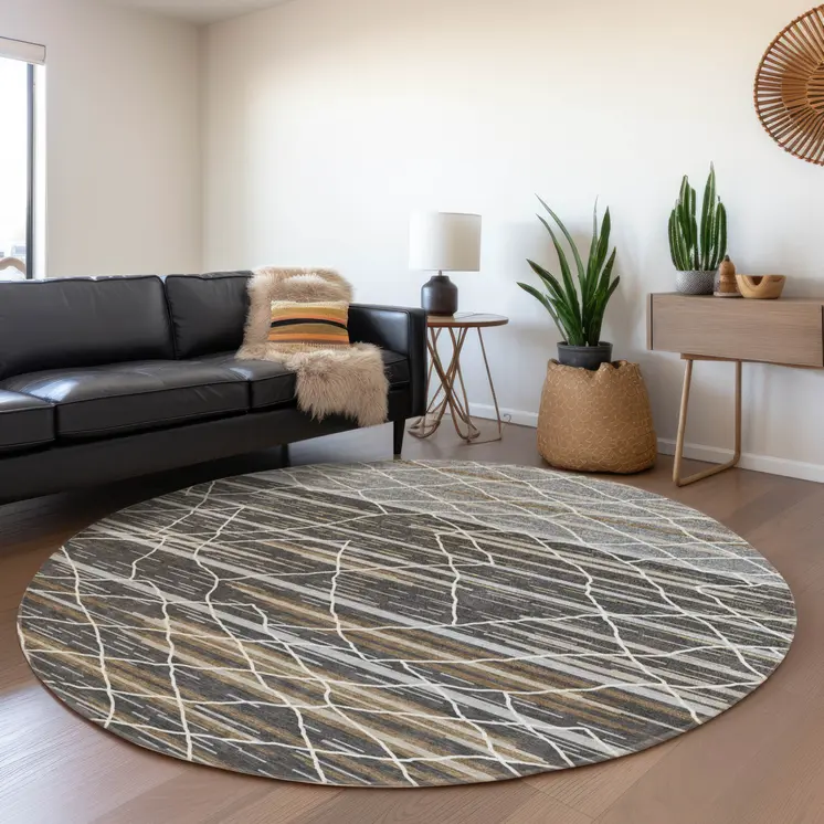 8' Charcoal Gray And Ivory Round Striped Washable Indoor Outdoor Area Rug