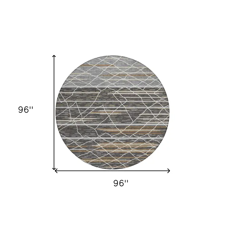 8' Charcoal Gray And Ivory Round Striped Washable Indoor Outdoor Area Rug
