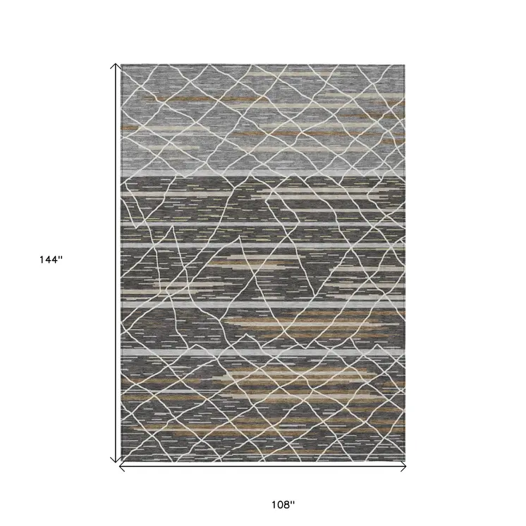 9' X 12' Charcoal Gray And Ivory Striped Washable Indoor Outdoor Area Rug