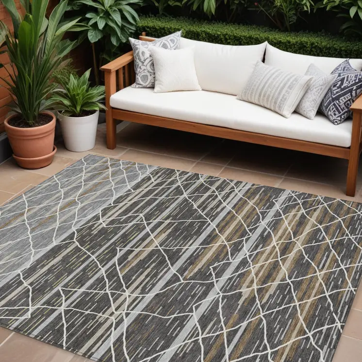 9' X 12' Charcoal Gray And Ivory Striped Washable Indoor Outdoor Area Rug
