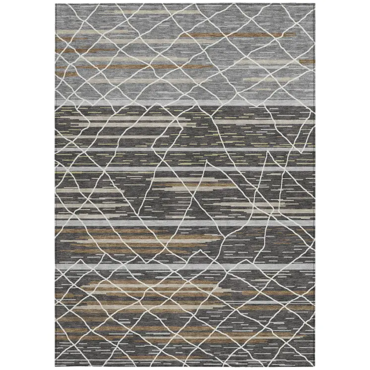 10' X 14' Charcoal Gray And Ivory Striped Washable Indoor Outdoor Area Rug