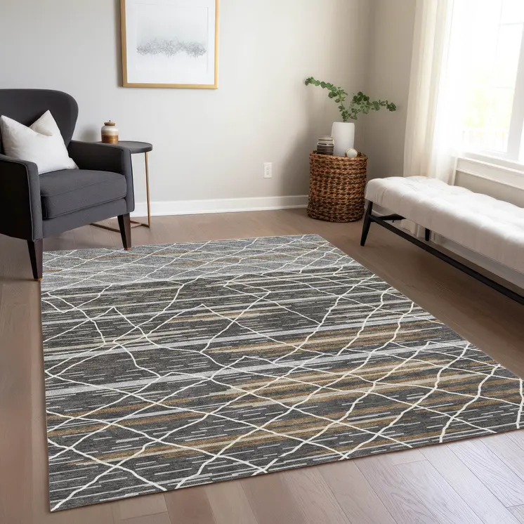 10' X 14' Charcoal Gray And Ivory Striped Washable Indoor Outdoor Area Rug