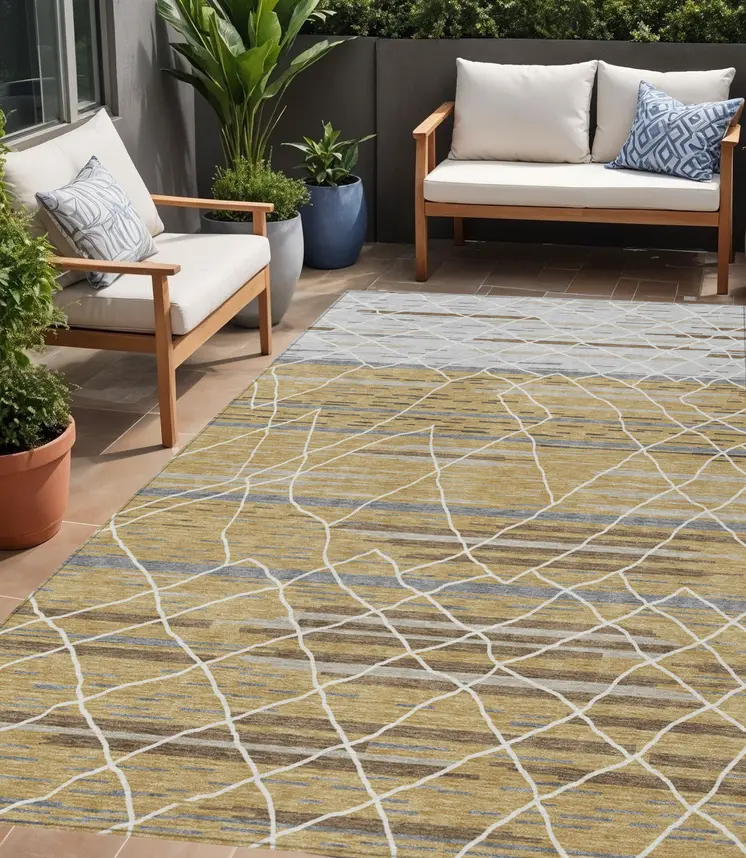 5' X 8' Gold Gray And Ivory Striped Washable Indoor Outdoor Area Rug