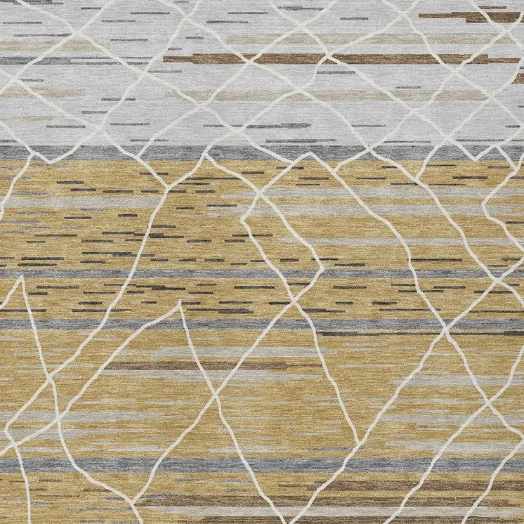 5' X 8' Gold Gray And Ivory Striped Washable Indoor Outdoor Area Rug
