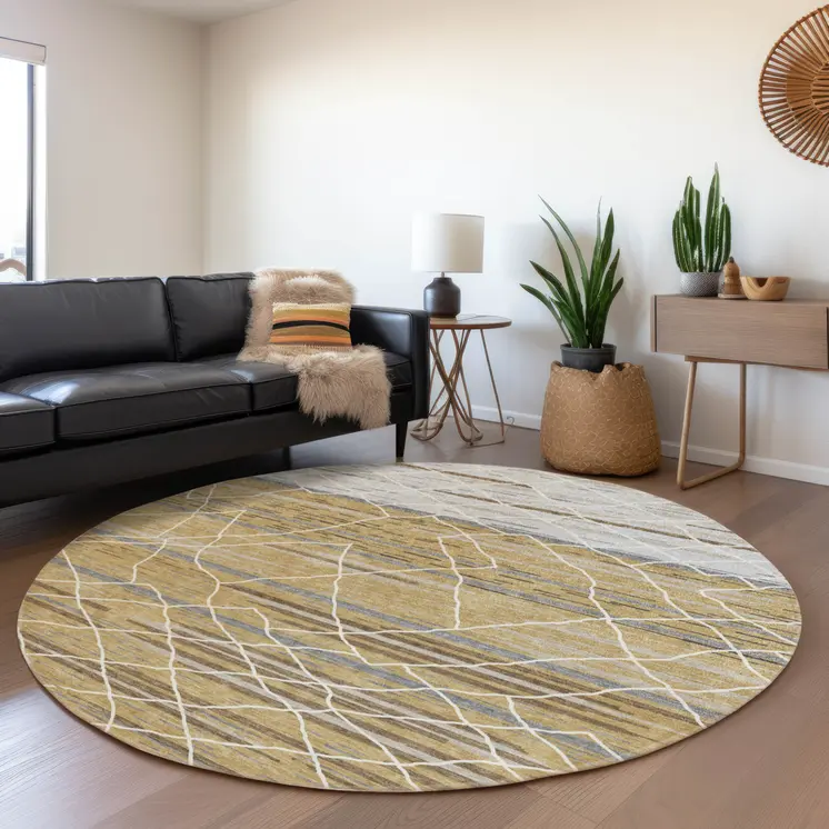 8' Gold Gray And Ivory Round Striped Washable Indoor Outdoor Area Rug
