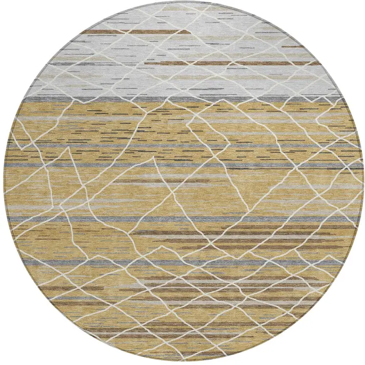 8' Gold Gray And Ivory Round Striped Washable Indoor Outdoor Area Rug