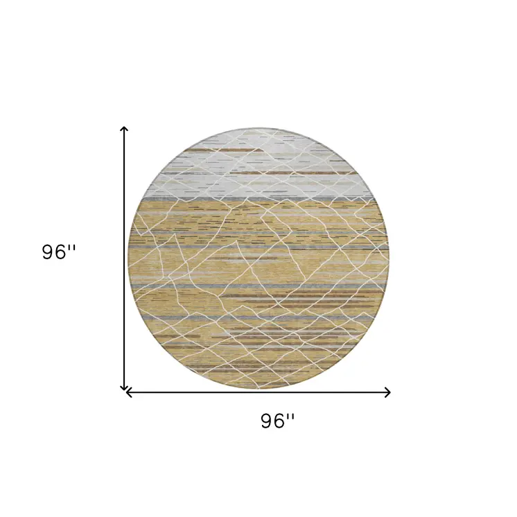 8' Gold Gray And Ivory Round Striped Washable Indoor Outdoor Area Rug