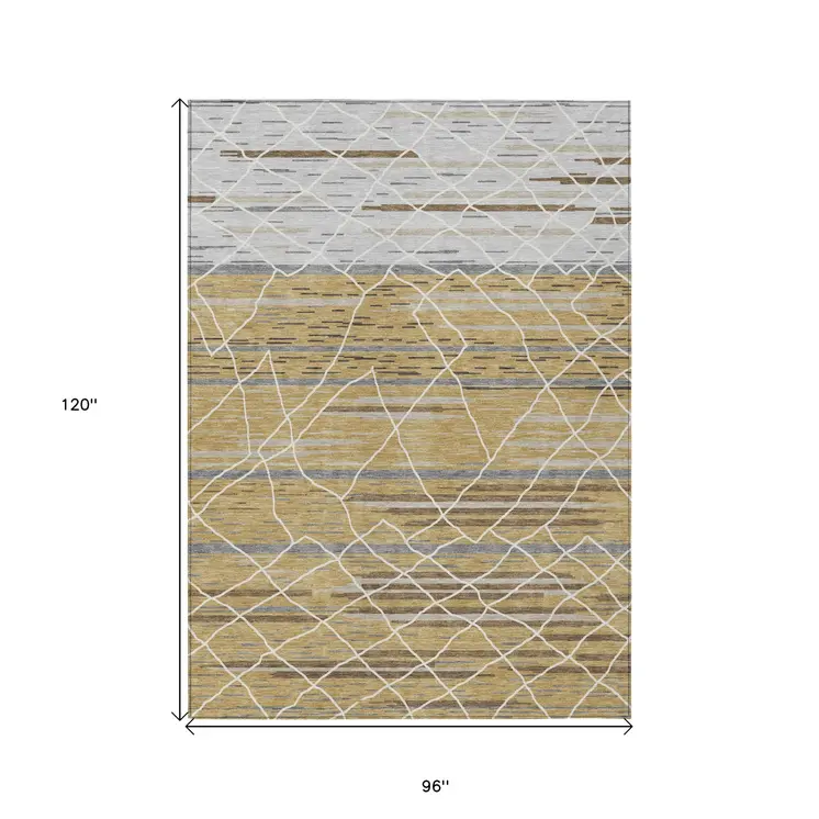 8' X 10' Gold Gray And Ivory Striped Washable Indoor Outdoor Area Rug