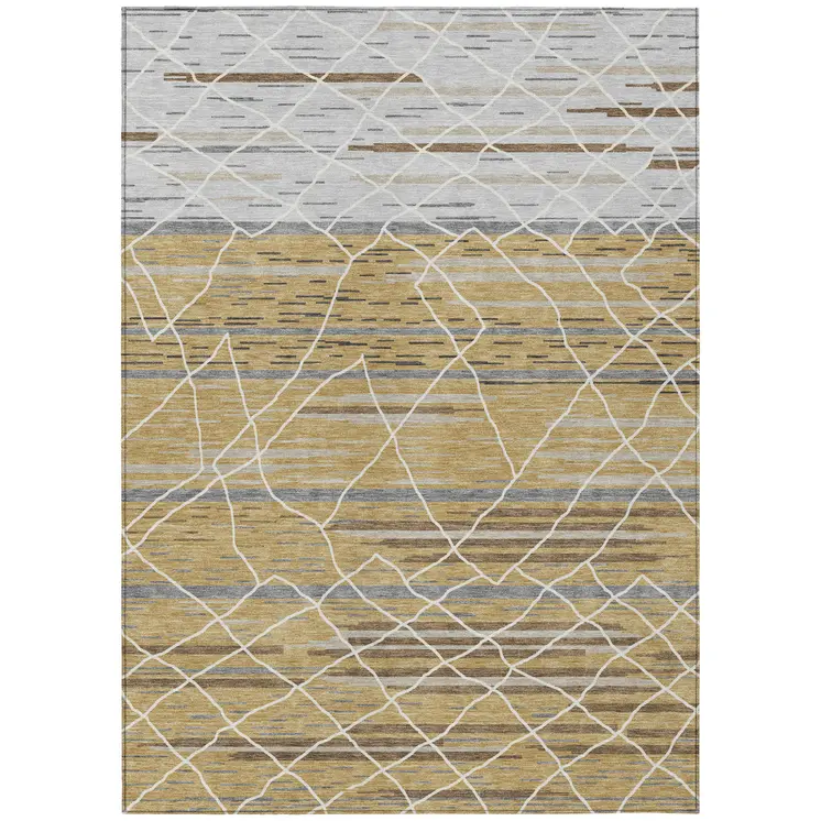 8' X 10' Gold Gray And Ivory Striped Washable Indoor Outdoor Area Rug
