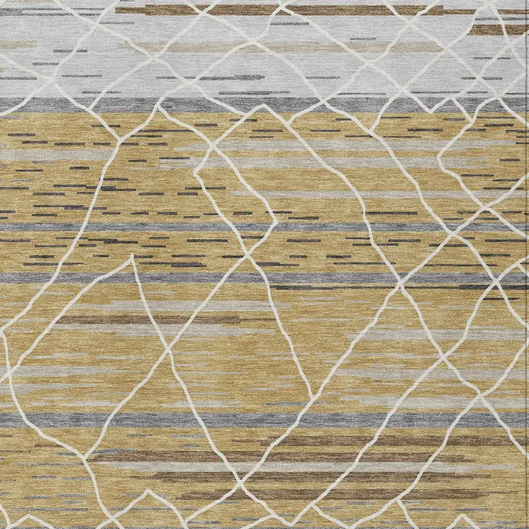 8' X 10' Gold Gray And Ivory Striped Washable Indoor Outdoor Area Rug