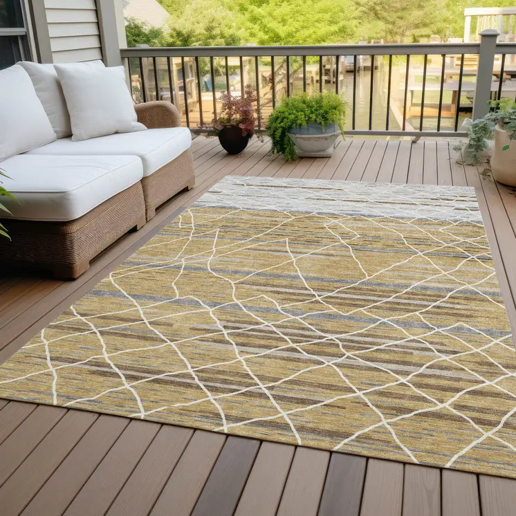10' X 14' Gold Gray And Ivory Striped Washable Indoor Outdoor Area Rug