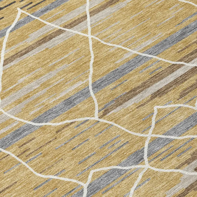 10' X 14' Gold Gray And Ivory Striped Washable Indoor Outdoor Area Rug