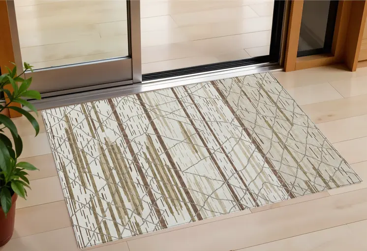 3' X 5' Ivory Brown And Beige Striped Washable Indoor Outdoor Area Rug
