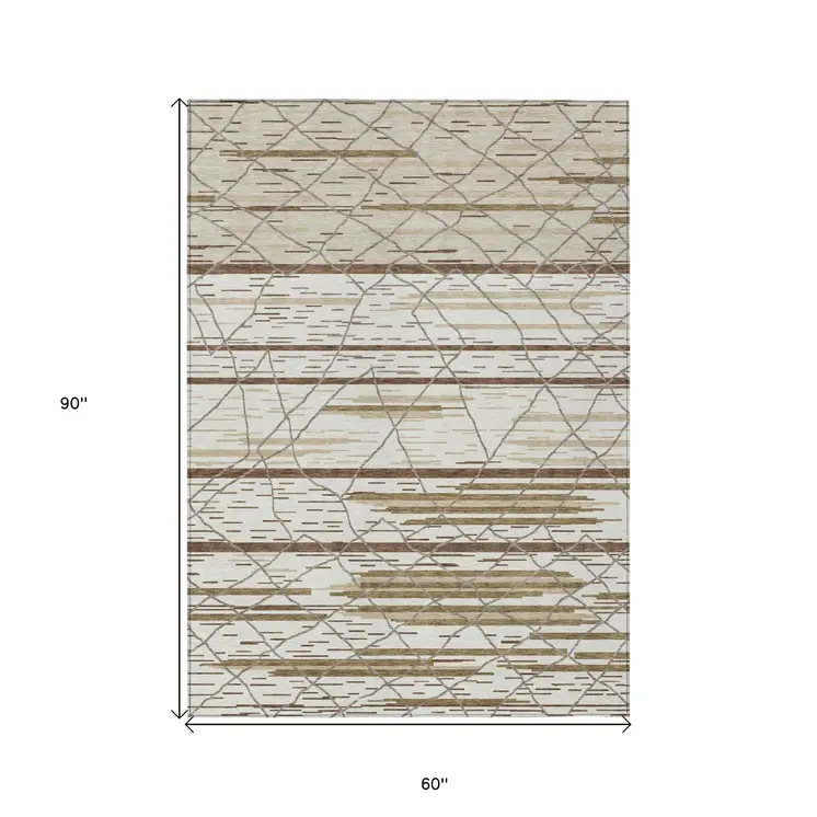 5' X 8' Ivory Brown And Beige Striped Washable Indoor Outdoor Area Rug