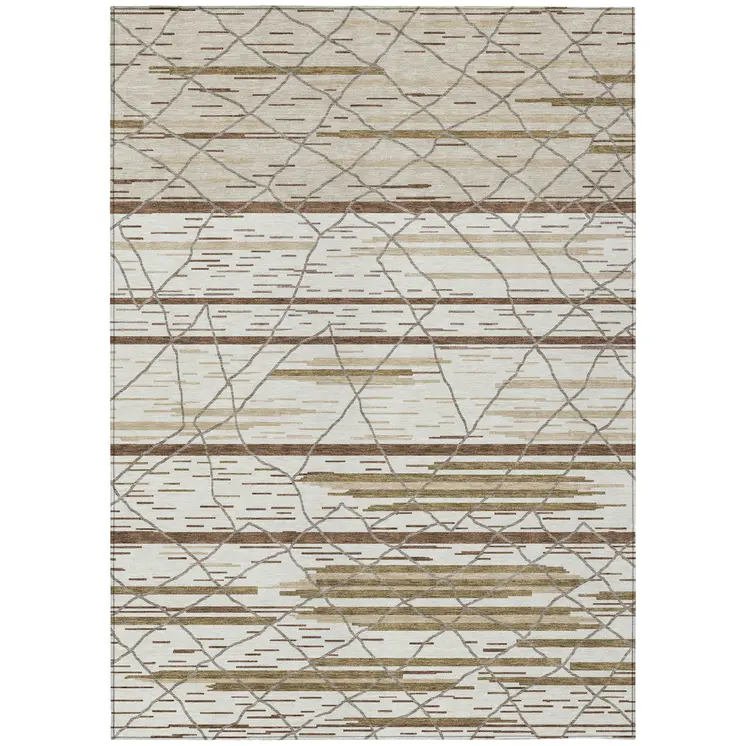 5' X 8' Ivory Brown And Beige Striped Washable Indoor Outdoor Area Rug